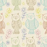 Seamless pattern with owls and flowers vector