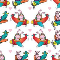 Seamless pattern with bunny pilots, airplanes and hearts vector