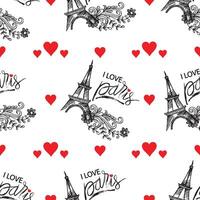 Seamless pattern with Eiffel Tower and hearts. I Love Paris. vector
