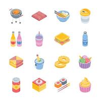 Have a look at this collection of food items and refreshing drinks isometric icons vector