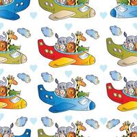 Seamless pattern with animals in a colorful airplane flying in the sky with clouds vector