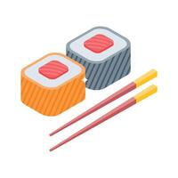 Well designed isometric icon of fresh sushi rolls with chopsticks vector