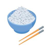 Well designed isometric icon of boiled rice bowl with chopsticks vector