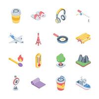 Check this modern collection of travel and camping isometric icons vector