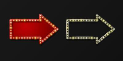 Realistic signs of the red and glass arrow frame with yellow bulbs. vector