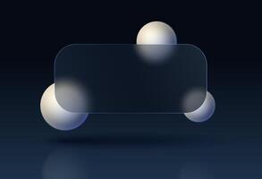 A banner with rounded edges in the style of transparent glass morphism against the background of floating framed round spheres. vector