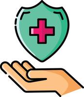 Made in UK Hygiene is protected by a hand holding a green shield with a red cross icon. vector