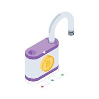 Here is an isometric style icon of bitcoin lock feature vector