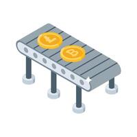 A modern isometric style icon showing bitcoin conveyor mechanism vector