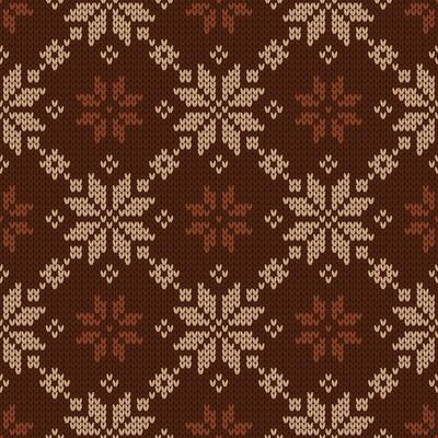 Scandinavian knitted seamless pattern. Norwegian native style sweater. Wool texture. Winter brown holiday background, illustration with snowflakes.