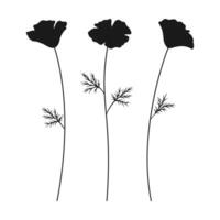 Set of silhouette wildflowers in black on a white background. Poppy flowers and leaves. Wild plants and botanical elements for design projects, illustration vector
