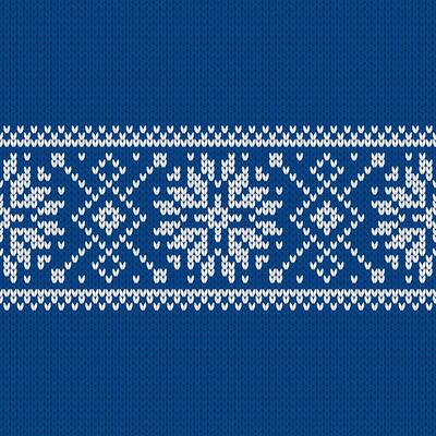 Scandinavian knitted seamless pattern. Norwegian native style sweater, ornament with snowflakes. Fair Isle design. Wool texture. Winter holiday background, blue white illustration.