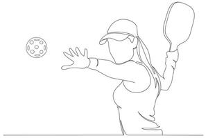 Minimalist continuous line art of a female athlete playing pickleball. The woman is in action pose, holding a paddle and reaching towards the ball. vector
