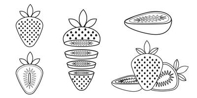 Black outline of strawberries whole, halved, and thin slices. Minimal hand-drawn fruit set on white background. Perfect for design, print, or food illustration. vector