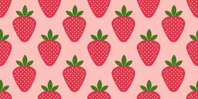 Seamless pattern with strawberries. The strawberries are drawn in a simple stylized form, with pink-red berries and green leaves on a light pink background. vector