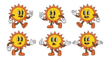 Happy Retro Cartoon Sun Character Expressing Joy and Playfulness with Dynamic Poses vector