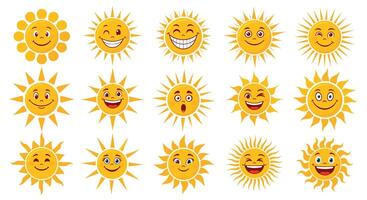 Collection of Smiling Yellow Sun Illustrations Depicting Warmth Happiness Summer And Energy Source vector