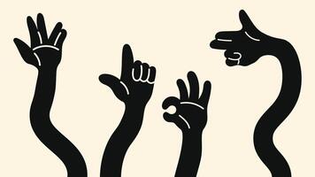 Cartoon-style set of colorful hands expressive gestures in playful funky doodle style. Includes finger snap, pointing, OK and more vector