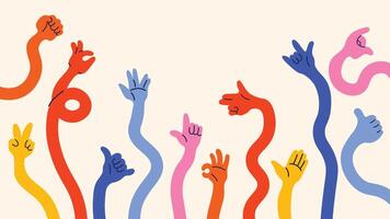 Colorful hand gestures in retro cartoon style. Different poses- pointing, hold, ok, finger snap. Human palms and wrists illustration in funky, doodle style, trendy sticker set vector