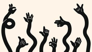 Retro style hands in motion pointing, OK sign, peace fingers and holding pose. Colorful cartoon doodle illustration set for stickers and fun graphics vector