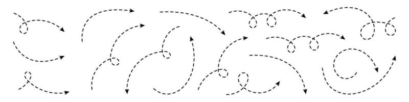 Set of dashed curved arrows. Hand drawn arrows. vector