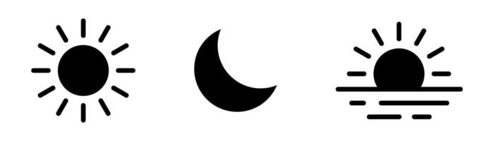 Bundle of black silhouettes of rising or setting sun, crescent moon icons. Collection of day and night time pictograms. Set of design elements. vector