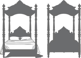 Gray Silhouette of Ornate Four Poster Bed Front and Side Views Bedding Included bed silhouette vector