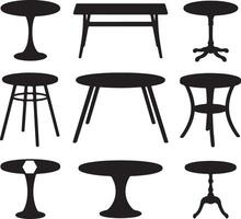Nine Black Silhouette Table Designs Round Coffee Tables Side Tables Dining Tables Various Styles and Shapes Home Furniture Set vector
