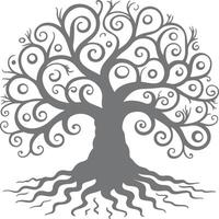 Grey stylized tree silhouette with swirling branches and wavy roots intricate design element nature motif decorative graphic vector