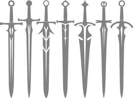 Seven Gray Silhouette Swords Medieval Fantasy Weaponry Collection Various Designs Blades Hilt Game Asset vector
