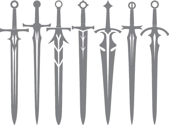 Seven Gray Silhouette Swords Medieval Fantasy Weaponry Collection Various Designs Blades Hilt Game Asset
