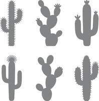 Six Gray Cactus Silhouette Illustrations Desert Plants Botanical Icons Set Simple Flat Design Gray Scale Graphics vector