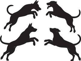 Four Black Dog Silhouettes Leaping Dynamically Against White Background Canine Action Poses Illustration vector