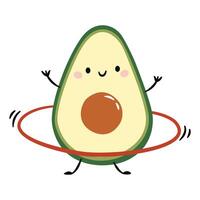 Cute avocado twirling halahoop and exercising. Flat illustration on white background in simple child style vector