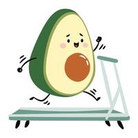 Cute avocado running on treadmill and exercising. Flat illustration on white background in simple child style vector