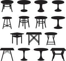 Collection of Black Silhouette Table Designs Various Shapes and Styles Round Square Rectangular Coffee Tables Side Tables vector