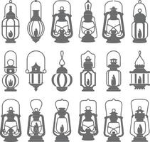 Collection of Gray Silhouette Oil Lamps and Lanterns Various Designs Vintage Style Hanging and Standing vector