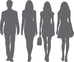 Four Gray Silhouettes Walking a Man in a Suit and Three Women in Dresses One Carrying a Handbag vector