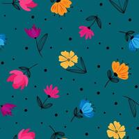 trendy seamless botanical pattern abstract flower illustration with black line leaves and bright petals on emerald minimalist spring summer vibe vector