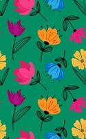 eamless floral pattern with abstract modern flowers green background colorful minimal design with hand drawn petals and linear leaves vector