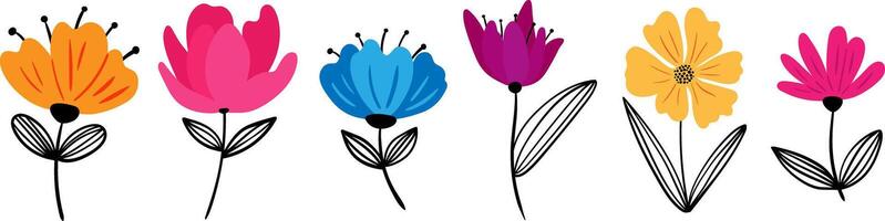 abstract flower clipart in modern minimal style colorful hand drawn floral elements black linear leaves bold spring summer bouquet set elements design print vector
