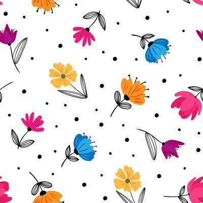 modern flower pattern in scandinavian style abstract floral seamless design with colorful petals and polka dots for fabric, wallpaper, print