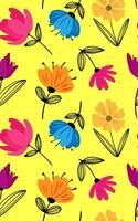 seamless trendy floral pattern abstract modern flowers yellow background colorful minimalist design hand drawn petals linear leaves web design vector