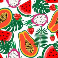 abstract seamless tropical fruit pattern papaya, dragon fruit, watermelon, strawberry palm leaves on white background for summer textile surface web design vector