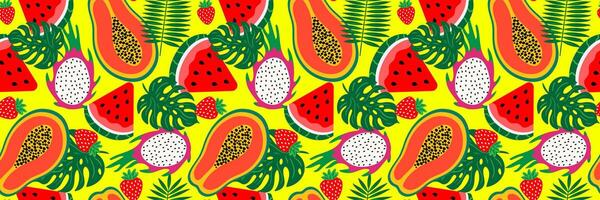 seamless tropical fruit pattern with papaya, dragon fruit, watermelon, strawberry and palm leaves on yellow background for summer textile and surface design vector