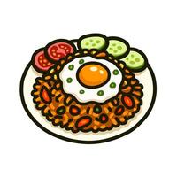 Nasi Goreng Cartoon Illustration with Fried Egg, Tomato, and Cucumber vector