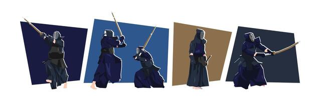 Set of kendo fighter character. Dynamic pose. Sport, martial arts. Cartoon flat illustration. vector