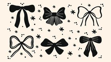 Set of black vintage girly bows. Cute trendy stickers in coquette style for fashion decoration, hair accessories, poster design, and playful graphics. vector