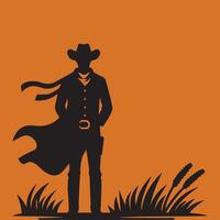 Minimalist cowboy with sunset view silhouette background vector