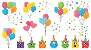 Festive Celebration with Colorful Balloons and Party Monsters A Joyful Illustration vector